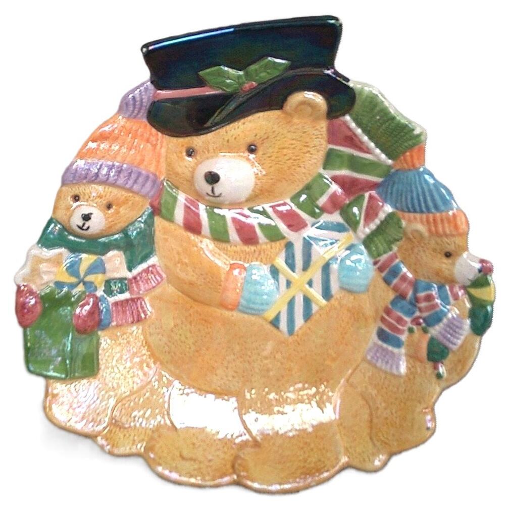 Iridescent Peach Lusterware Teddy Bear Christmas Platter 9.5x9” Holiday Tray